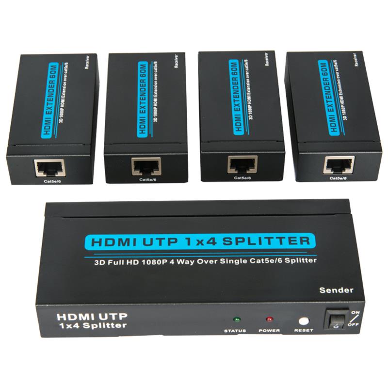 4 พอร์ต HDMI UTP 1x4 แยกผ่าน Cat5e \/ 6 เดี่ยวพร้อม 4 ตัวรับสูงถึง 60 เมตร