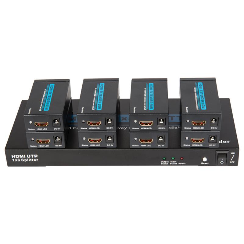 8 พอร์ต HDMI UTP 1x8 แยกผ่าน Cat5e \/ 6 เดี่ยวพร้อม 8 ตัวรับสูงถึง 60 เมตร